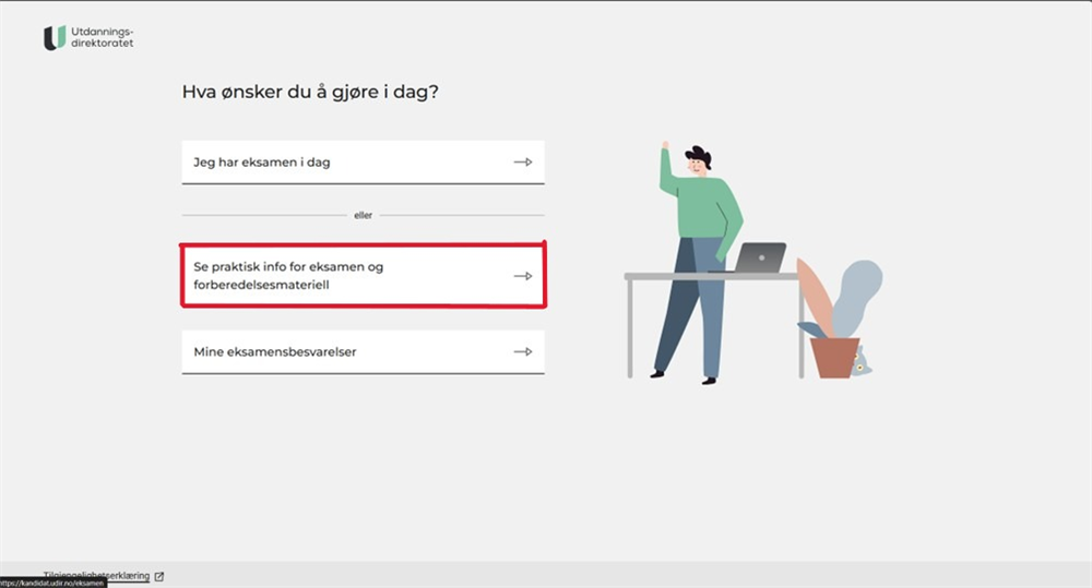 Grafisk fremstilling av at du må klikke på lenken "se praktisk info for eksamen og forberedelsesmateriell - Klikk for stort bilde
